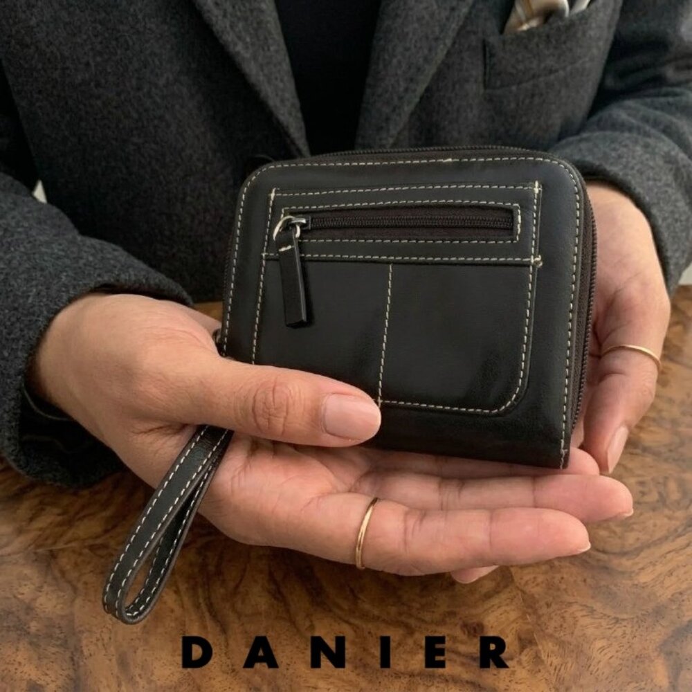 Danier Black Bifold Zip Closure and Side Snap On Closure Wristlet Wallet